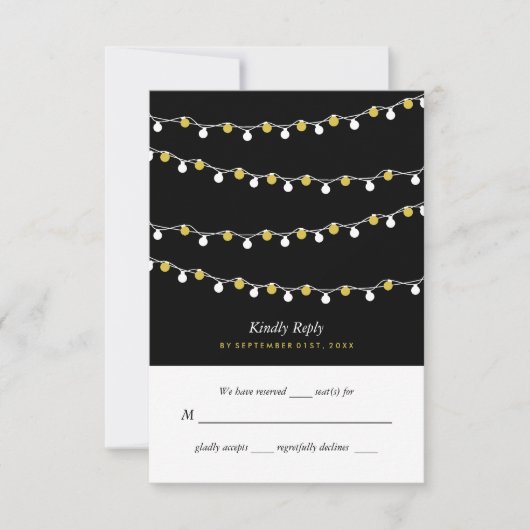 Moderne String Lights, White & Gold Wedding RSVP Karte (Vorderseite)