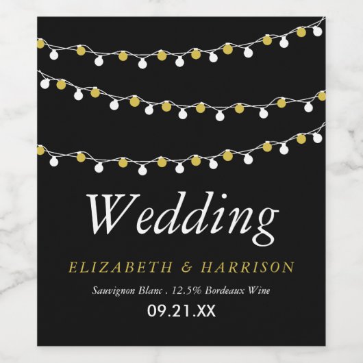 Moderne String Lights, White & Gold Wedding Weinetikett (Einzelnes Label)