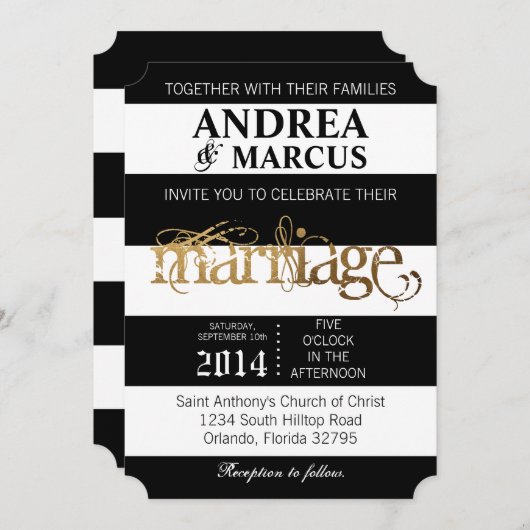 Moderne Stripe Schwarz-weiße 12x18 Hochzeitseinlad Einladung (Vorne/Hinten)