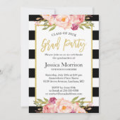 Moderne Stripes Floral Gold Script Graduation Part Einladung (Vorderseite)