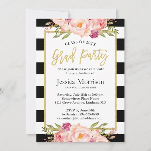 Moderne Stripes Floral Gold Script Graduation Part Einladung (Vorderseite)