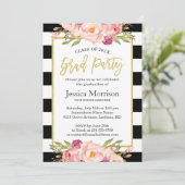 Moderne Stripes Floral Gold Script Graduation Part Einladung (Stehend Vorderseite)