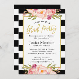 Moderne Stripes Floral Gold Script Graduation Part Einladung