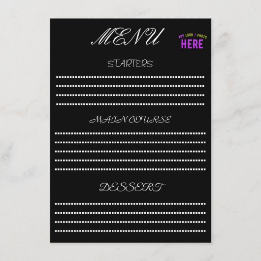 MODERNE, STYLISCH ZOLLBARE, SCHWARZE VERIFIZIERTE  MENÜKARTE (Vorderseite)