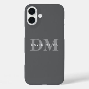 Moderne, stylische dunkelgraue Monogramm und Name iPhone 16 Plus Hülle