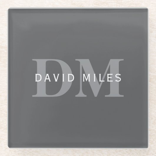 Moderne, stylische dunkelgraue Monogramm und Name Glasuntersetzer (Vorderseite)
