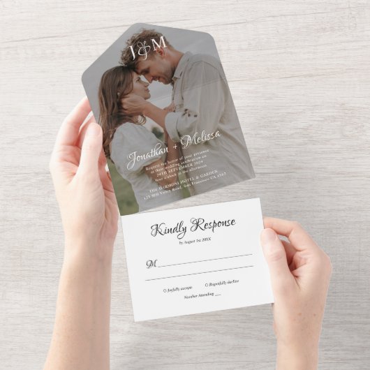 Moderne, stylische Foto Monogram Script Hochzeit All In One Einladung (Abreißen)