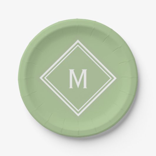 Moderne, stylische Sage Green Custom Monogram Pappteller (Vorderseite)