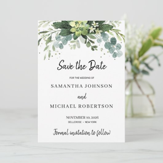 Moderne, sukkulente Blätter Save the Date blühend Einladung (Stehend Vorderseite)