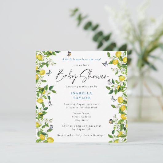 Moderne Summer Lemon Baby Dusche Einladung (Stehend Vorderseite)