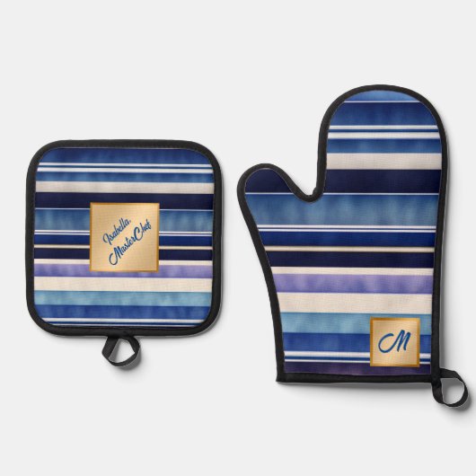 Moderne Summer Navy Blue Boat Stripes Collection Ofenhandschuh & Topflappen-Set (Vorderseite)