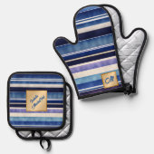 Moderne Summer Navy Blue Boat Stripes Collection Ofenhandschuh & Topflappen-Set (Vorderseite/Rückseite)