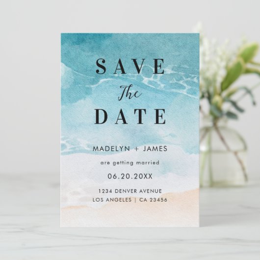 Moderne Summer Ocean Beach Hochzeit Save The Date (Stehend Vorderseite)