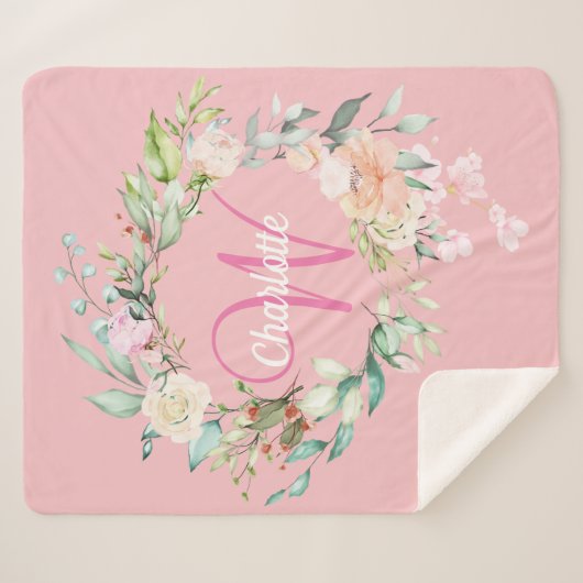 Moderne Summer Rose Rosa Initial Script Monogram Sherpadecke (Vorderseite (Horizontal))