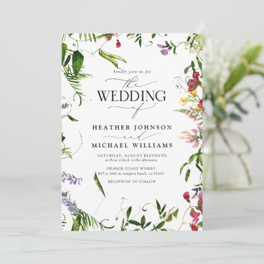 Moderne Summer Wildblume Watercolor Script Hochzei Einladung (Stehend Vorderseite)