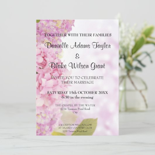 Moderne Summery Pink Hydrangea Wedding Einladung (Stehend Vorderseite)