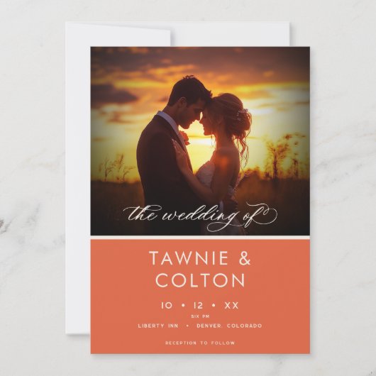 Moderne Sunset Orange Script Foto Hochzeit Einladung (Vorderseite)