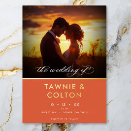 Moderne Sunset Orange Script Foto Hochzeit Einladung
