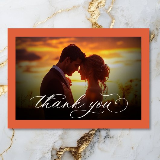 Moderne Sunset Orange Script Minimal Foto Hochzeit Dankeskarte