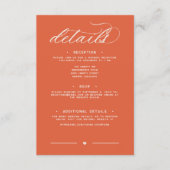 Moderne Sunset Orange Script Minimal Wedding Detai Begleitkarte (Vorderseite)