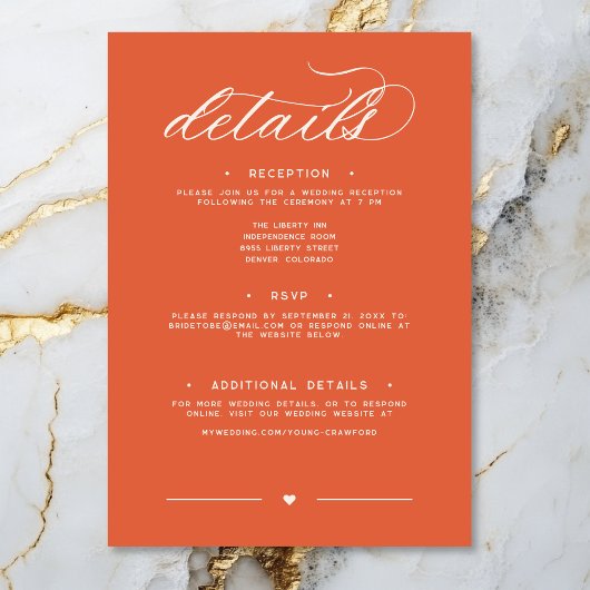 Moderne Sunset Orange Script Minimal Wedding Detai Begleitkarte