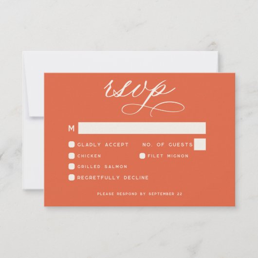 Moderne Sunset Orange Script Minimal Wedding RSVP Karte (Vorderseite)