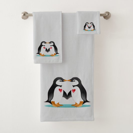 Moderne süße Pinguin-Paar auf Hellgrau Badhandtuch Set (Insitu)