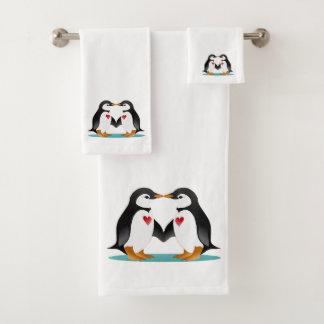 Moderne süße Pinguin-Paar auf Weiß Badhandtuch Set