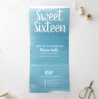 Moderne Sweet 16 Aquarellstriche Fotografie Dreifach Gefaltete Einladung