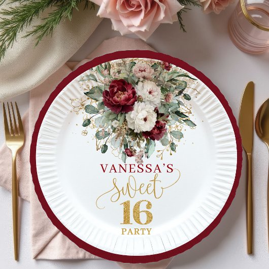 Moderne Sweet 16 Blush Burgunder Florale Teller