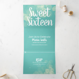 Moderne Sweet 16 Bokeh Lights Fotografie Dreifach Gefaltete Einladung