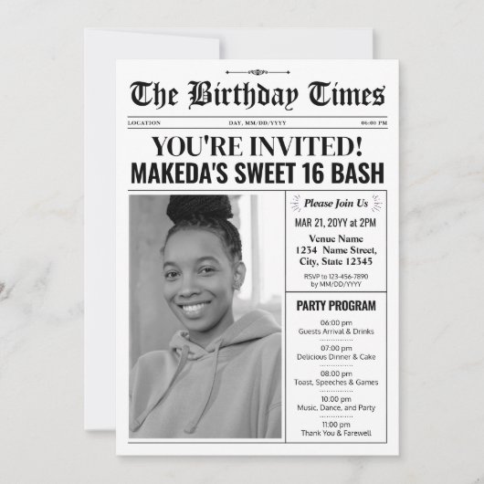 Moderne Sweet 16 Einladung mit Programmzeitungen (Vorderseite)