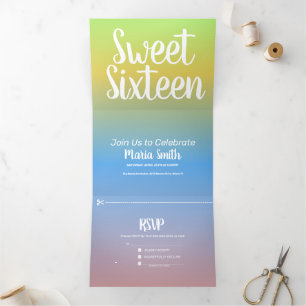 Moderne Sweet 16 Gelbe Regenbogen Ombre Zwei-Töne Dreifach Gefaltete Einladung