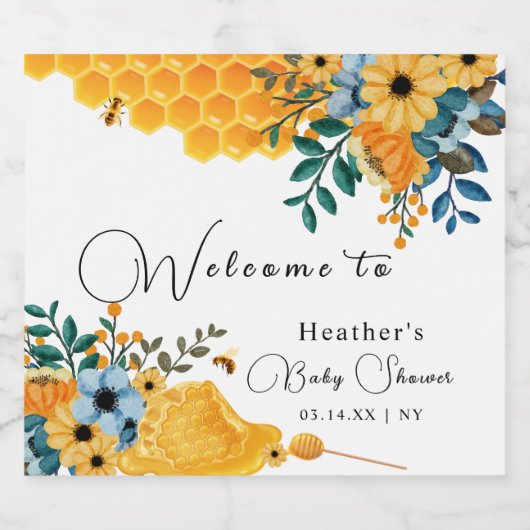 Moderne Sweet Honey Bee Floral Baby Dusche Willkom Schaumweinetikett (Einzelnes Label)