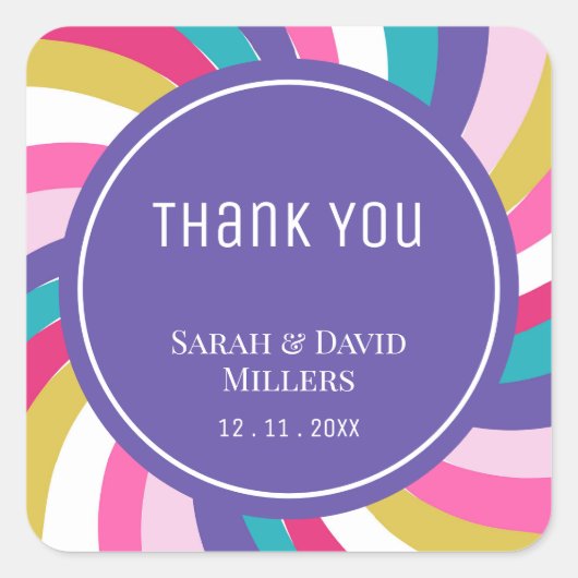 Moderne Swirl Rainbow Vibranding Wedding Quadratischer Aufkleber (Vorderseite)