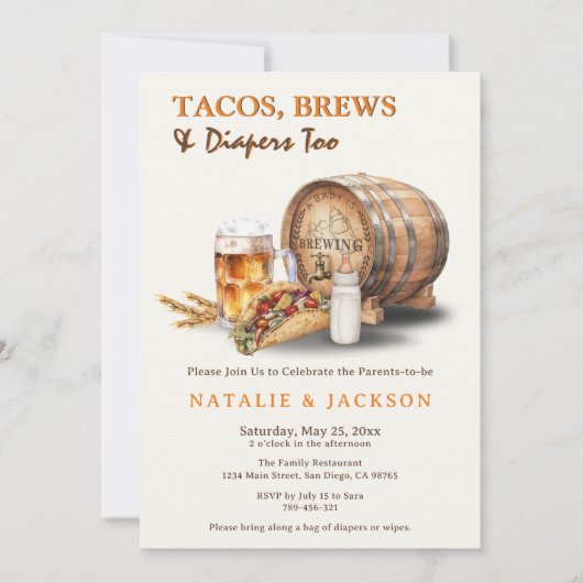 Moderne Tacos-, Brews & Diapers Kinderdusche Einladung (Vorderseite)