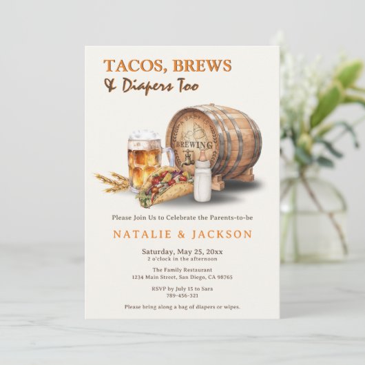 Moderne Tacos-, Brews & Diapers Kinderdusche Einladung (Stehend Vorderseite)