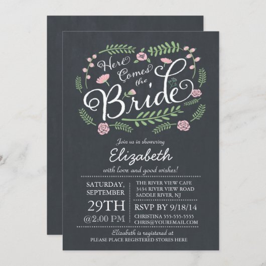 Moderne Tafel hier kommt die Blumen Braut Einladung (Vorne/Hinten)