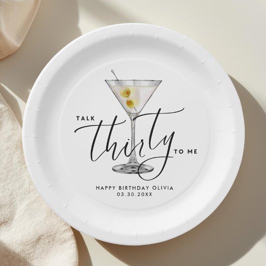 Moderne „Talk Thirty to Me“-Martini-Glas 30. Pappteller