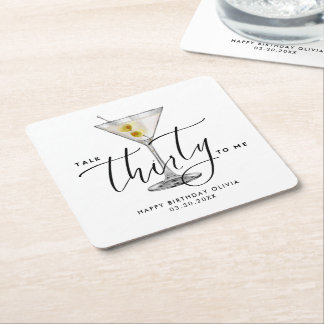 Moderne „Talk Thirty to Me“-Martini-Glas 30. Rechteckiger Pappuntersetzer