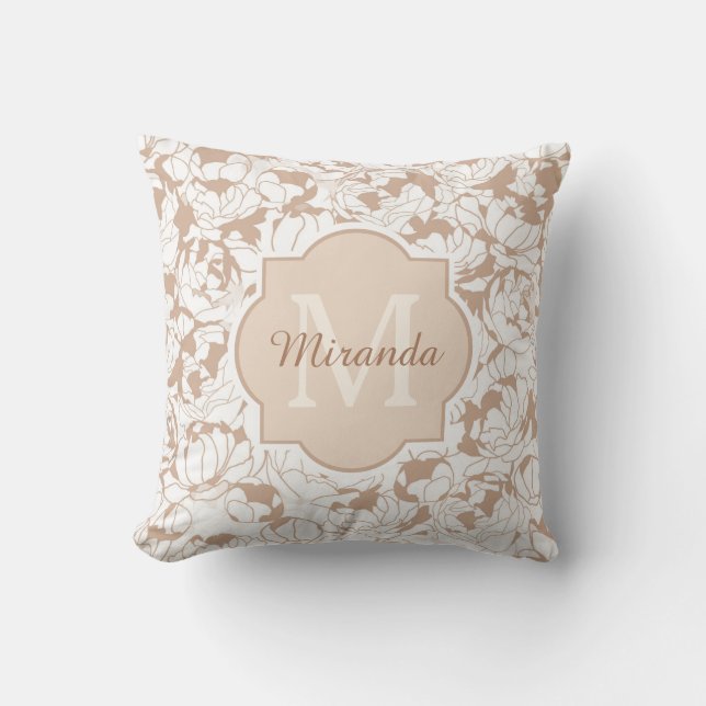 Moderne Tan Floral Girl Monogramm mit Namen Kissen (Vorderseite)