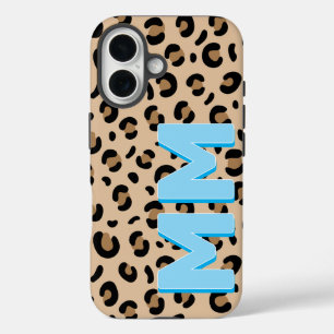 Moderne Tan Leopard Print Blau Schatten Monogramm iPhone 16 Hülle