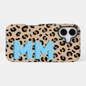 Moderne Tan Leopard Print Blau Schatten Monogramm iPhone 16 Hülle (Rückseite (Horizontal))