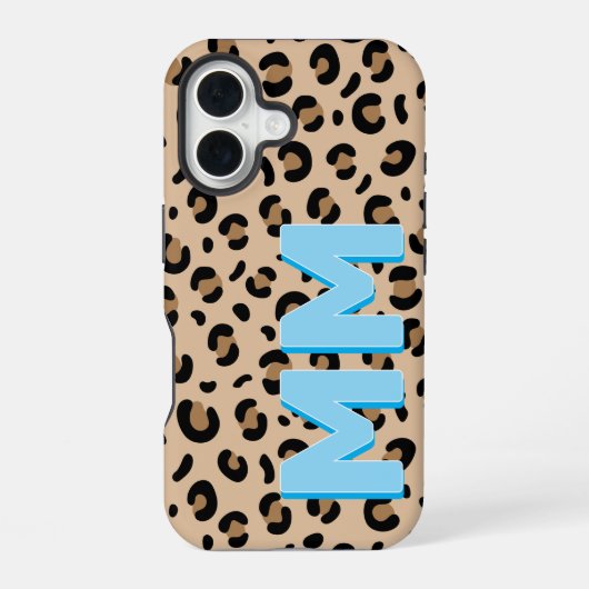 Moderne Tan Leopard Print Blau Schatten Monogramm iPhone 16 Hülle (Rückseite)