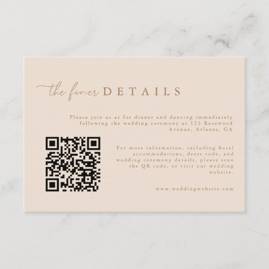 Moderne Tan Wedding Details QR Code Begleitkarte (Vorderseite)