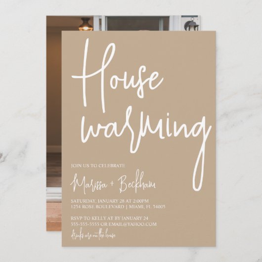 Moderne Tan & White Housewarming Einladung (Vorne/Hinten)
