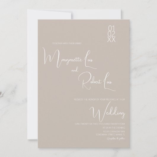 Moderne Tan White Ribbon Script Einladung Hochzeit (Vorderseite)