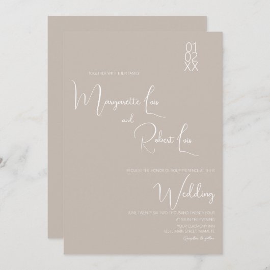 Moderne Tan White Ribbon Script Einladung Hochzeit (Vorne/Hinten)