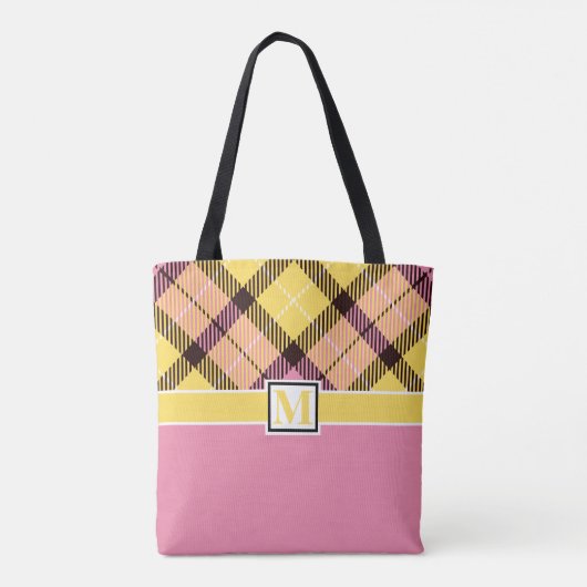 Moderne Tartan Karierte Monogram Script Hochzeit Tasche (Rückseite)