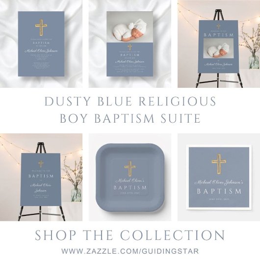 Moderne Taufe Blauer Religiöse Cross Boy Taufe Einladung